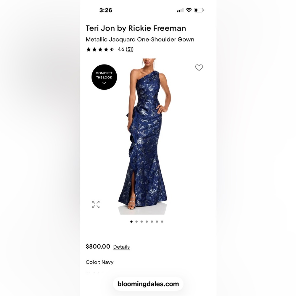 Teri Jon by Rickie Freeman Navy Metallic One-Shoulder Gown